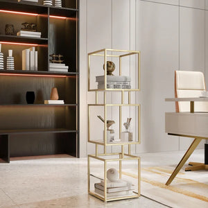 3Tier Modern Gold Cube Bookcase With Metal Tower Display Shelf In Gold Frame