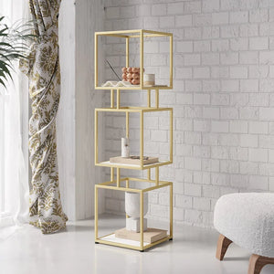 3Tier Modern Gold Cube Bookcase With Metal Tower Display Shelf In Gold Frame