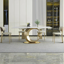 Load image into Gallery viewer, White Rectangular Dining Table Modern Faux Marble Tabletop With Pedestal Base