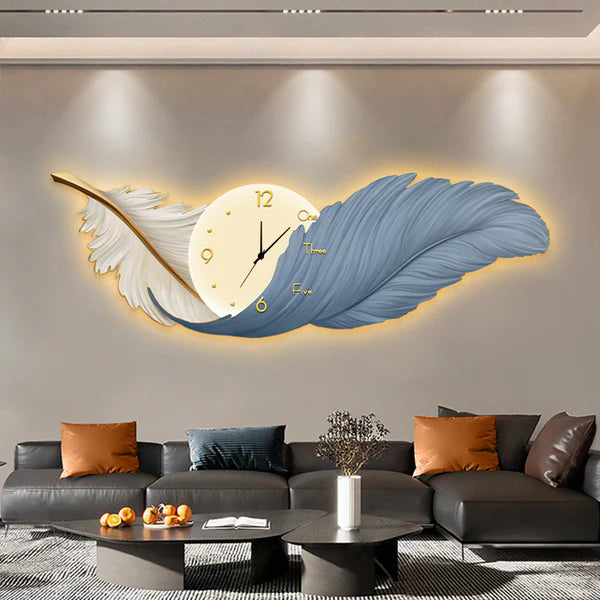 Feather Elegance Wall Art with LED Border and Clock – Saajawat