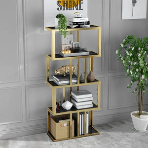 Modern Freestanding Irregular Etagere Bookshelf In Gold And Black