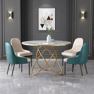 Modern White Round Dining Table with Marble Top And Metal Trestle