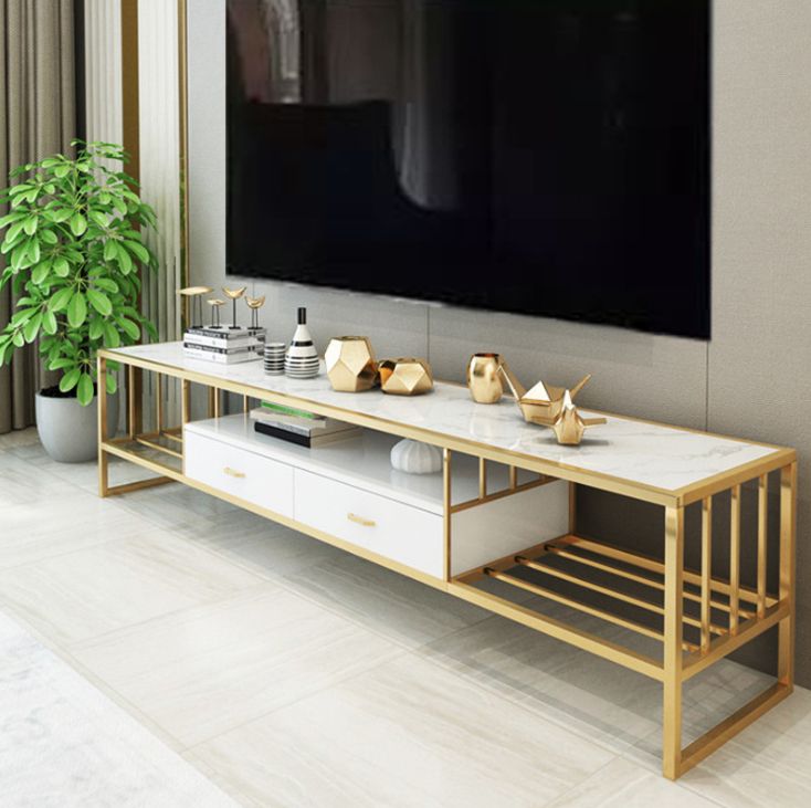 Modern White TV Stand Rectangle Media Console With 2 Drawer – Saajawat