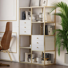 Load image into Gallery viewer, White And Gold Geometric Bookcase 6 Shelves With 6 Drawers Bookshelf