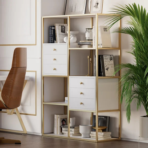 White And Gold Geometric Bookcase 6 Shelves With 6 Drawers Bookshelf