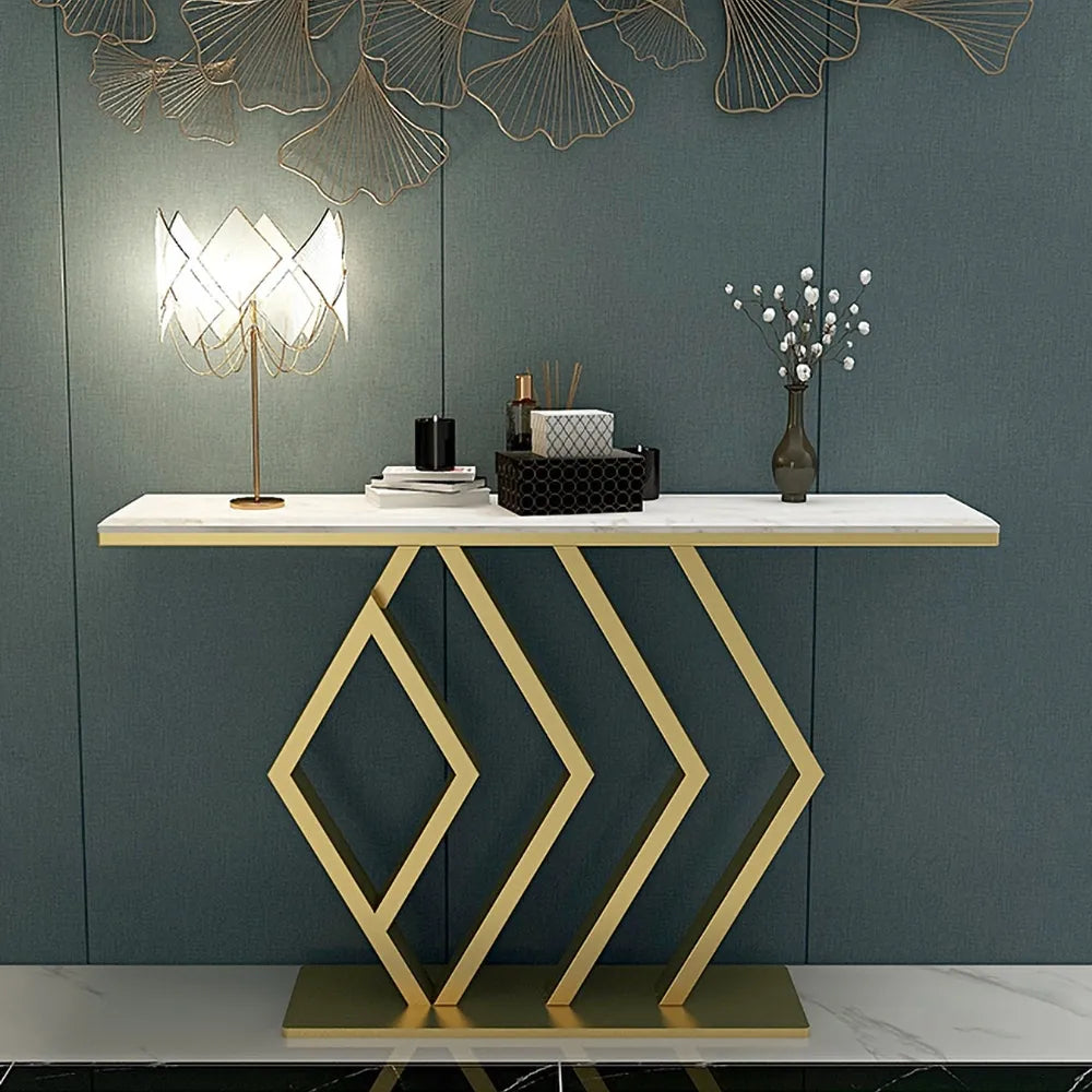Classic Golden Console Table In Geometric Pattern – Saajawat - Geometric Patterned Console Table