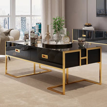 Load image into Gallery viewer, Contemporary Black Rectangular Coffee Table with Drawers Lacquer Gold Base