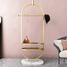 Load image into Gallery viewer, Gold Clothing Rack Oval Garment Rack with 2-Tier Shelves & Faux Marble Base
