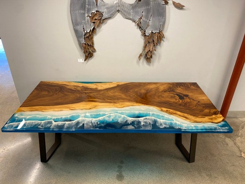 Epoxy Resin Ocean Dining Table with Waves Effect – Saajawat