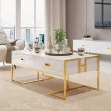 Load image into Gallery viewer, Modern White Rectangular Coffee Table with Drawers Lacquer Gold Base