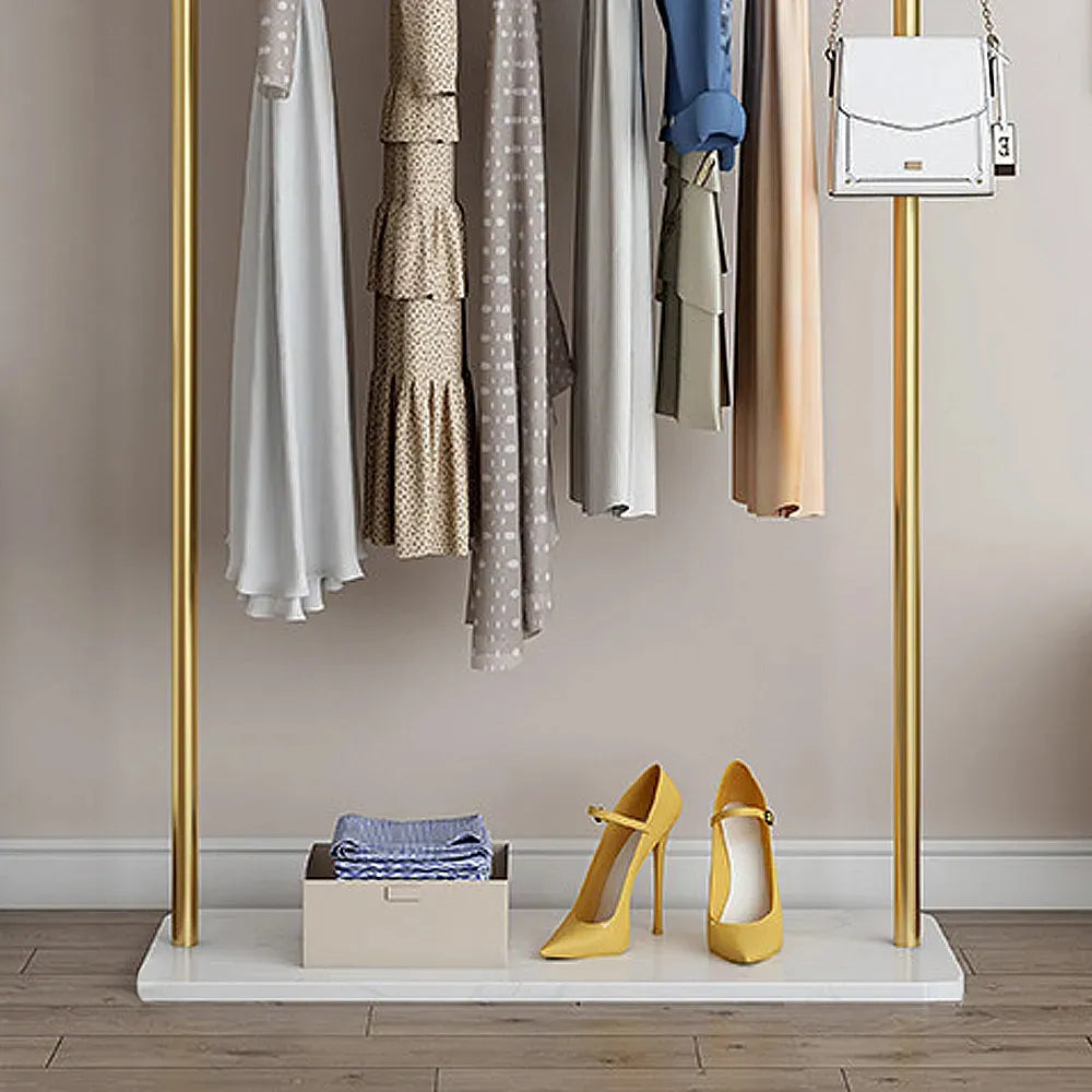 Metal Clothing Rack Freestanding Cloth Rail Rack with Hooks Marble Base  in Gold