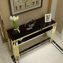 Load image into Gallery viewer, Modern Black Faux Marble Narrow Console Table with Storage Shelf and 4 Gold Legs