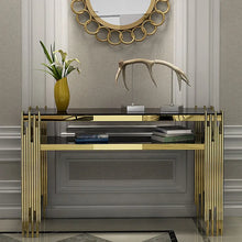 Load image into Gallery viewer, Modern Black Faux Marble Narrow Console Table with Storage Shelf and 4 Gold Legs