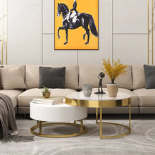 Load image into Gallery viewer, Modern Round Sintered Stone Nesting Wood Coffee Table with Drawers in White