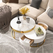 Load image into Gallery viewer, Modern Round Sintered Stone Nesting Wood Coffee Table with Drawers in White