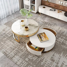 Load image into Gallery viewer, Modern Round Sintered Stone Nesting Wood Coffee Table with Drawers in White