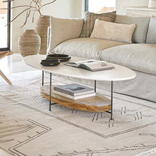 Load image into Gallery viewer, Modern White & Natural Oval Coffee Table with Storage Shelf Light Wood and Metal