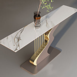 Modern Abstract White Rectangular Console Table With Gold Base