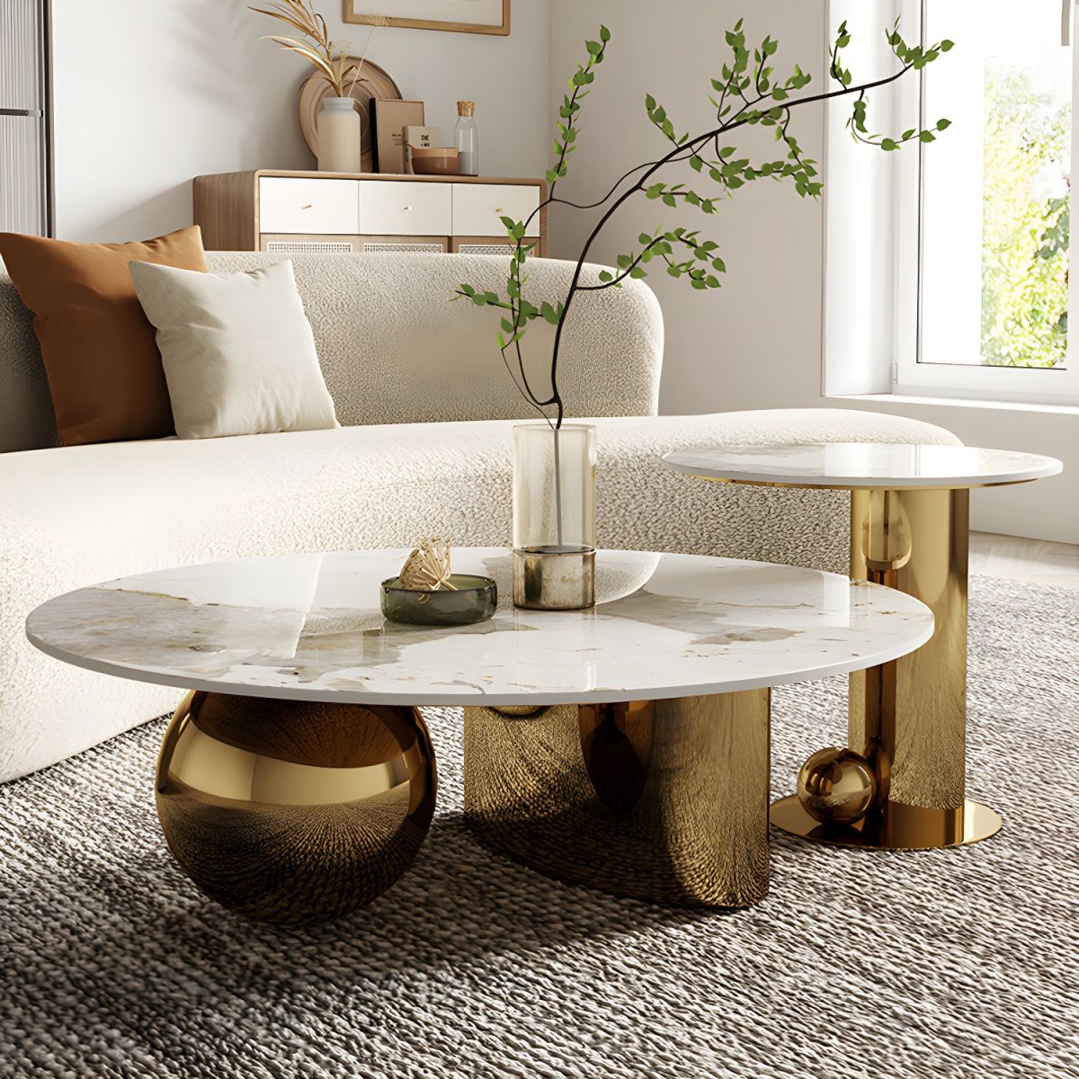 Modern Luxurious White And Gold Marble Coffee Table Set Of 2