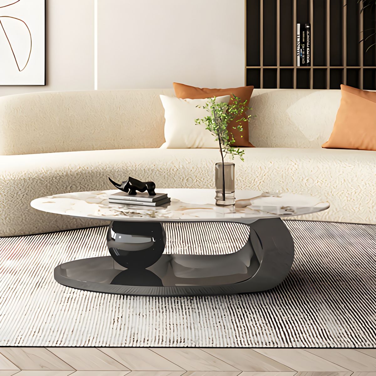 Oval Coffee Table With Black Metal Base