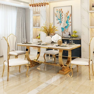 Amazing Luxury Modern Rectangle White Marble Dining Table With Gold Ring Base