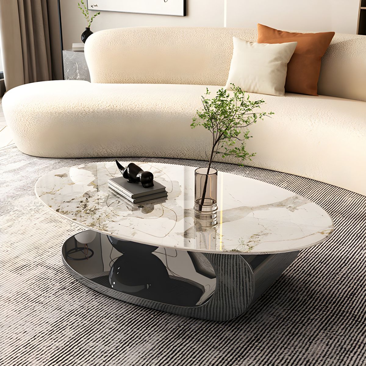 Oval Coffee Table With Black Metal Base