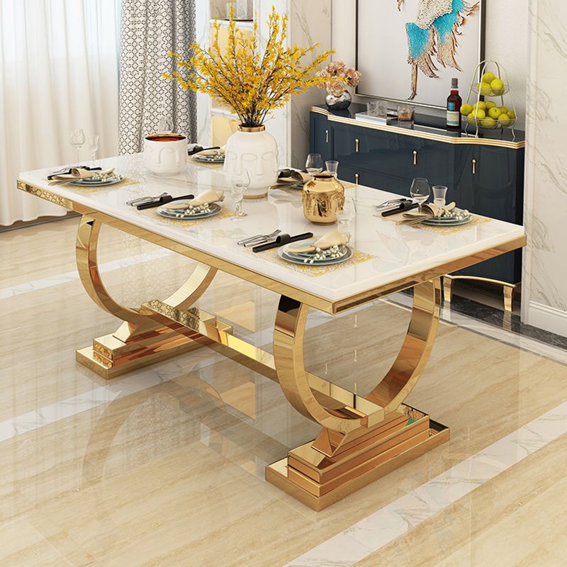 Amazing Luxury Modern Rectangle White Marble Dining Table With Gold Ring Base
