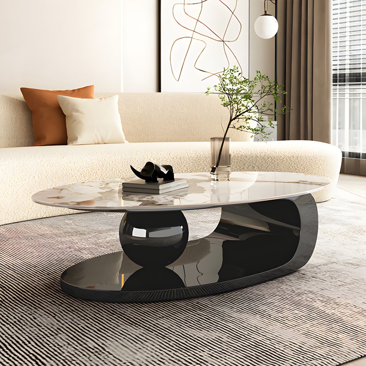 Oval Coffee Table With Black Metal Base
