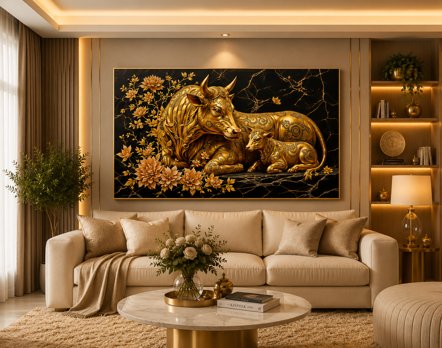 Golden Kamdhenu Crystal Painting With LED