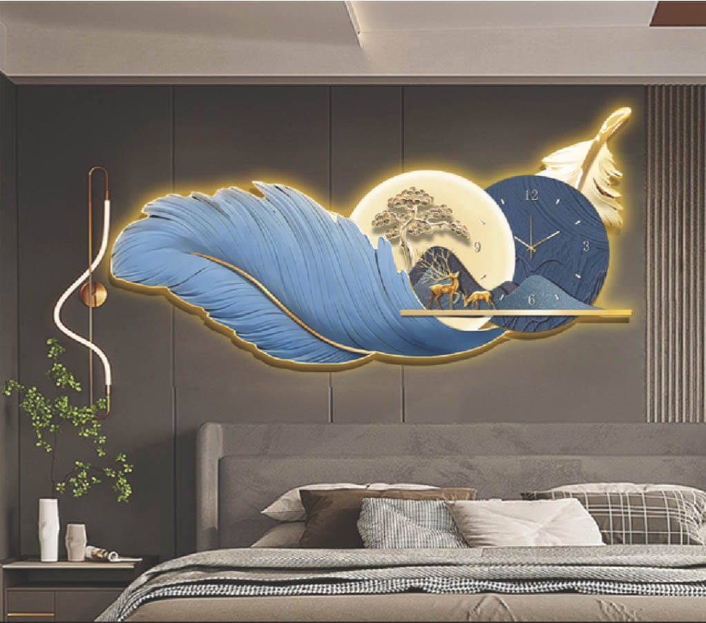 Serene Deer Landscape with Feather and Clock Wall Art