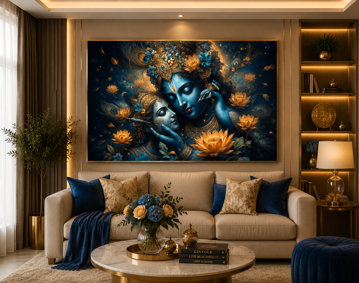 Floral Radha Krishna Crystal Painting With LED