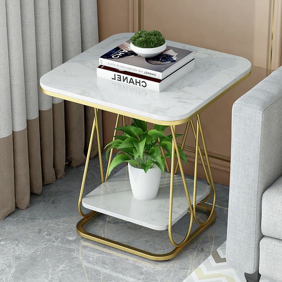 Luxurious White Marble Two Tier Side Table