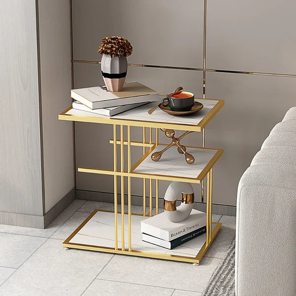 Modern Three Tier White Side Table with Golden Leg End Table