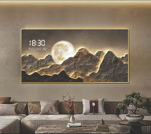 Moonlight Mountain Art with Integrated Digital Clock and Weather Display
