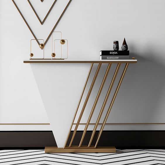 Modern White Rectangular Console Table With Gold Base