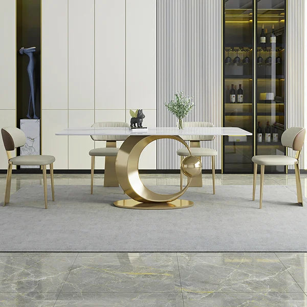 White Rectangular Dining Table Modern Faux Marble Tabletop With Pedestal Base