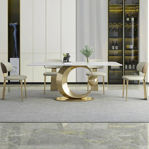 White Rectangular Dining Table Modern Faux Marble Tabletop With Pedestal Base