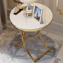 Load image into Gallery viewer, Modern Luxurious Round White Marble Stone Side Table X-Base End Table in Gold
