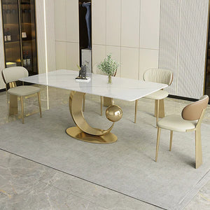 White Rectangular Dining Table Modern Faux Marble Tabletop With Pedestal Base