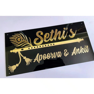 Gorgeous Black Acrylic Nameplate With Golden Bansuri Design