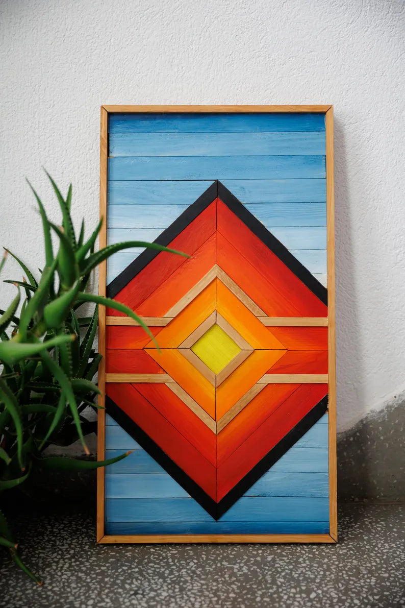 Colorful Geometric Wood Mosaic Boho Art