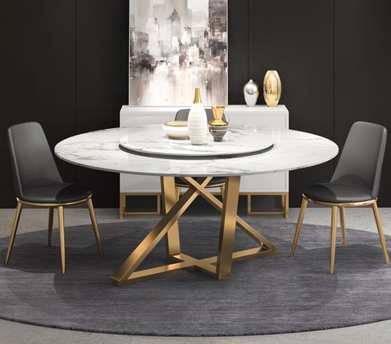 Contemporary Design Round Dining Table Modern White Faux Marble Top