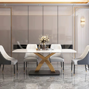 Contemporary White Rectangular Marble Dining Table Gold Base