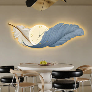 Feather Elegance Wall Art with LED Border and Clock