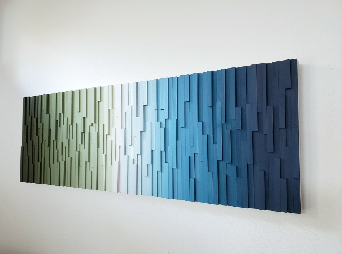 Green and Blue Ombre Art Plank Wood Mosaic Wall Decor