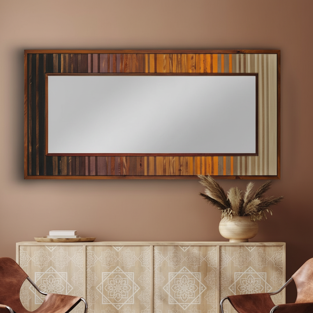 RUSTIC PLANK WOOD MOSAIC MIRROR WALL DECOR