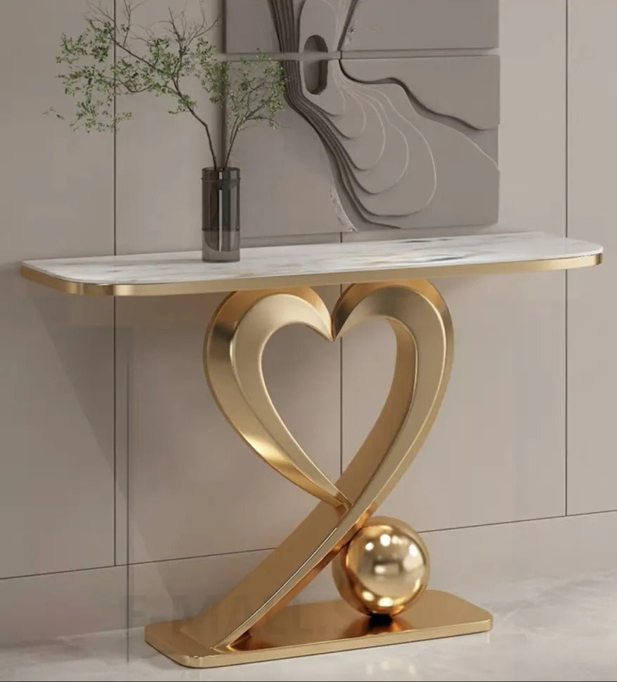 Heart Shape Golden Console Table With White Marble Top
