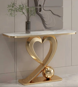 Heart Shape Golden Console Table With White Marble Top