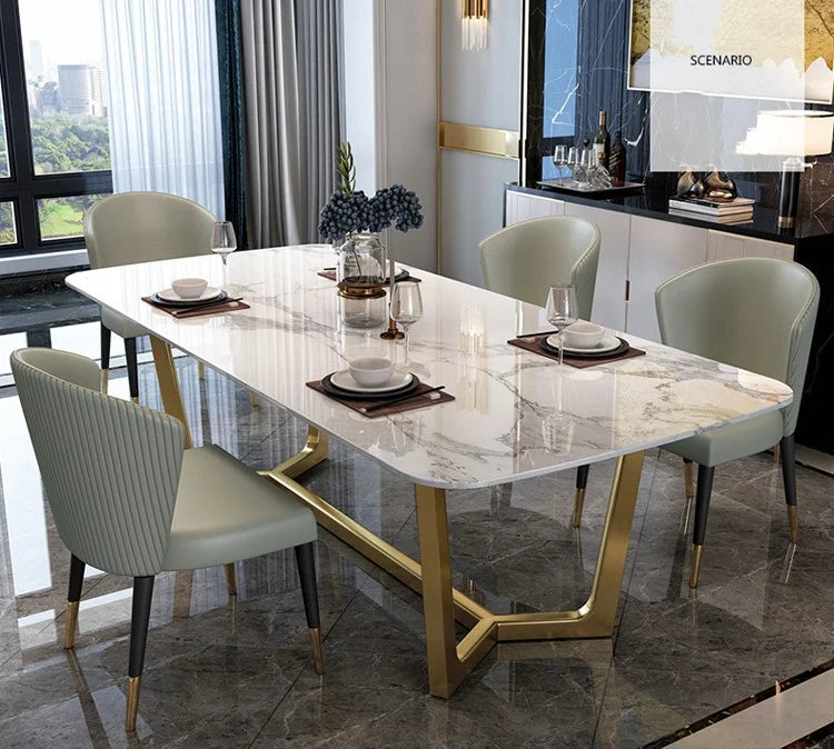 Marble Look Dining Table Set – Rectangular Table + 2 Upholstered Chairs, Brown