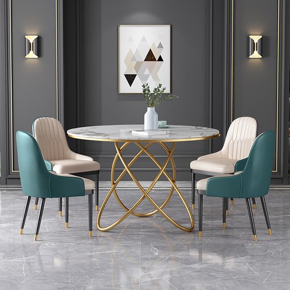 Modern White Round Dining Table with Marble Top And Metal Trestle